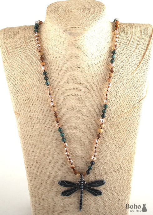 Boho Necklace, RH Amazonite Jasper, Dragonfly Brown Natural Stone
